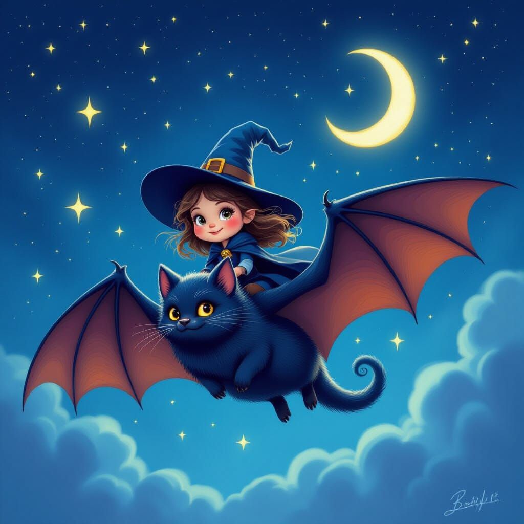 Witch Rides Giant Bat Through Starry Sky