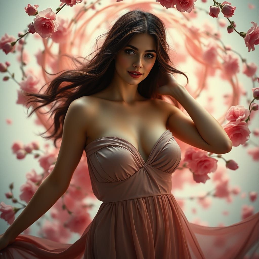 Brunette Venus in Floral Tornado, Cinematic Film Still