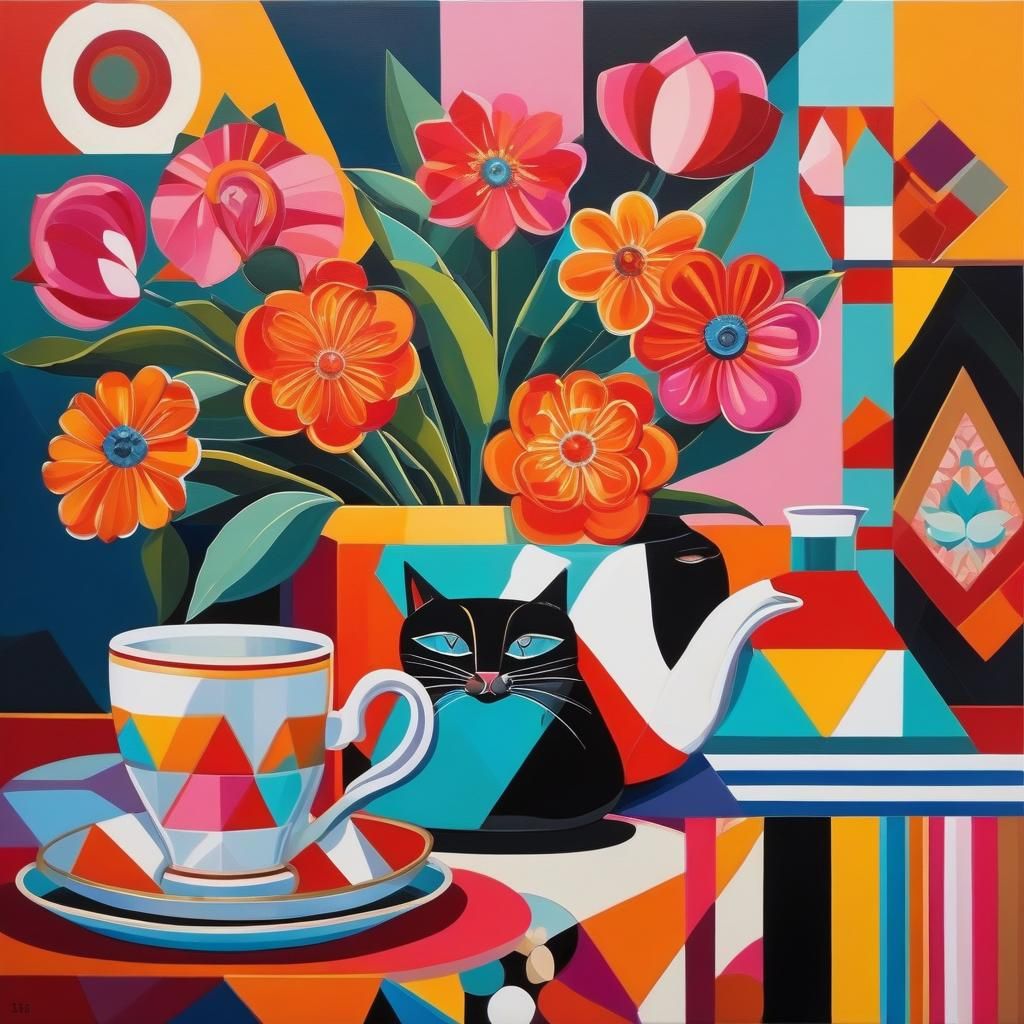 Stylized Acrylic Painting of Tea, Book and Cat