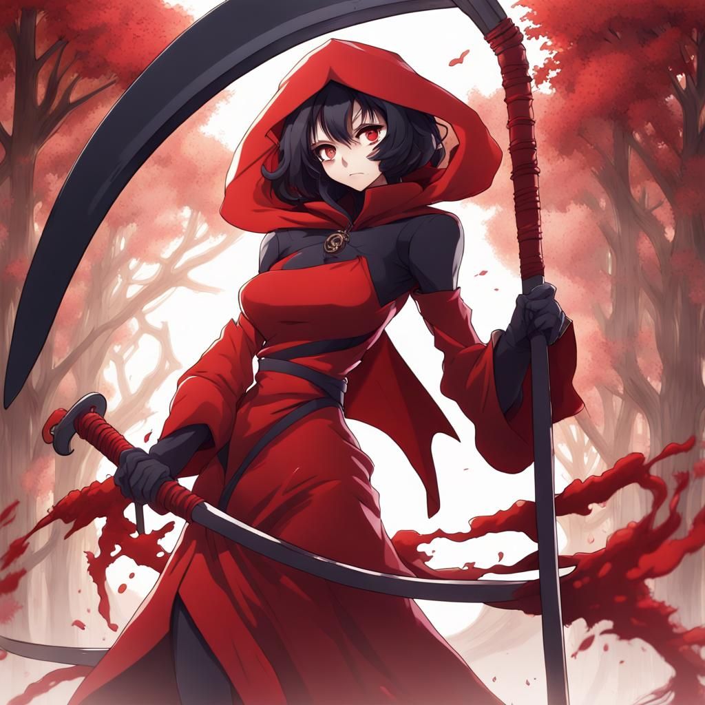 Anime Grim Reaper in Red Dress with Scythe