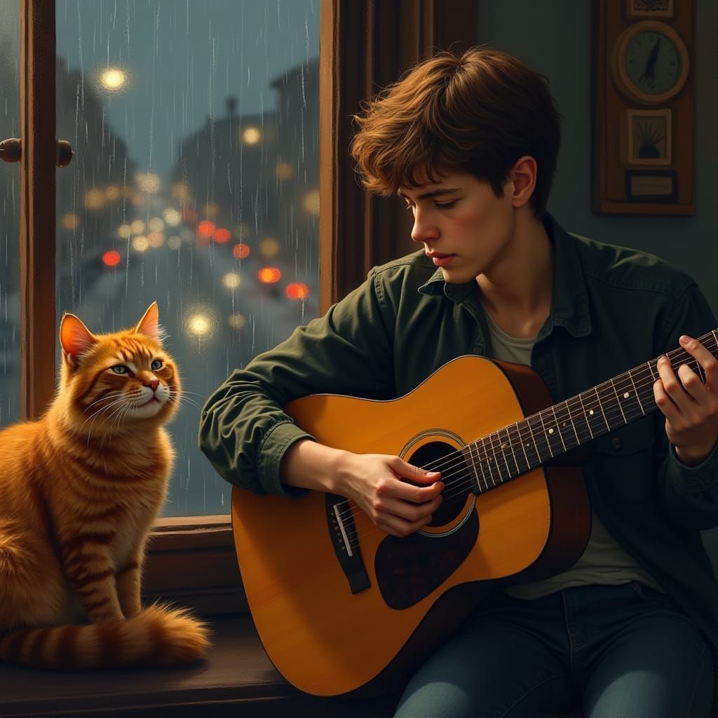 Man Plays Guitar with Cat by Rainy Window