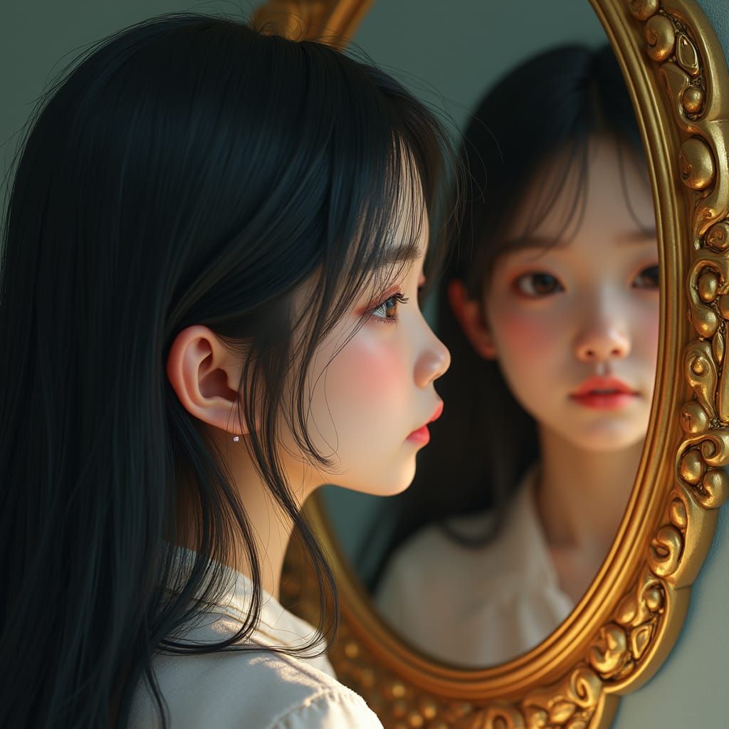 East Asian Girl's Reflection: Hyperrealistic Portrait in Mat...