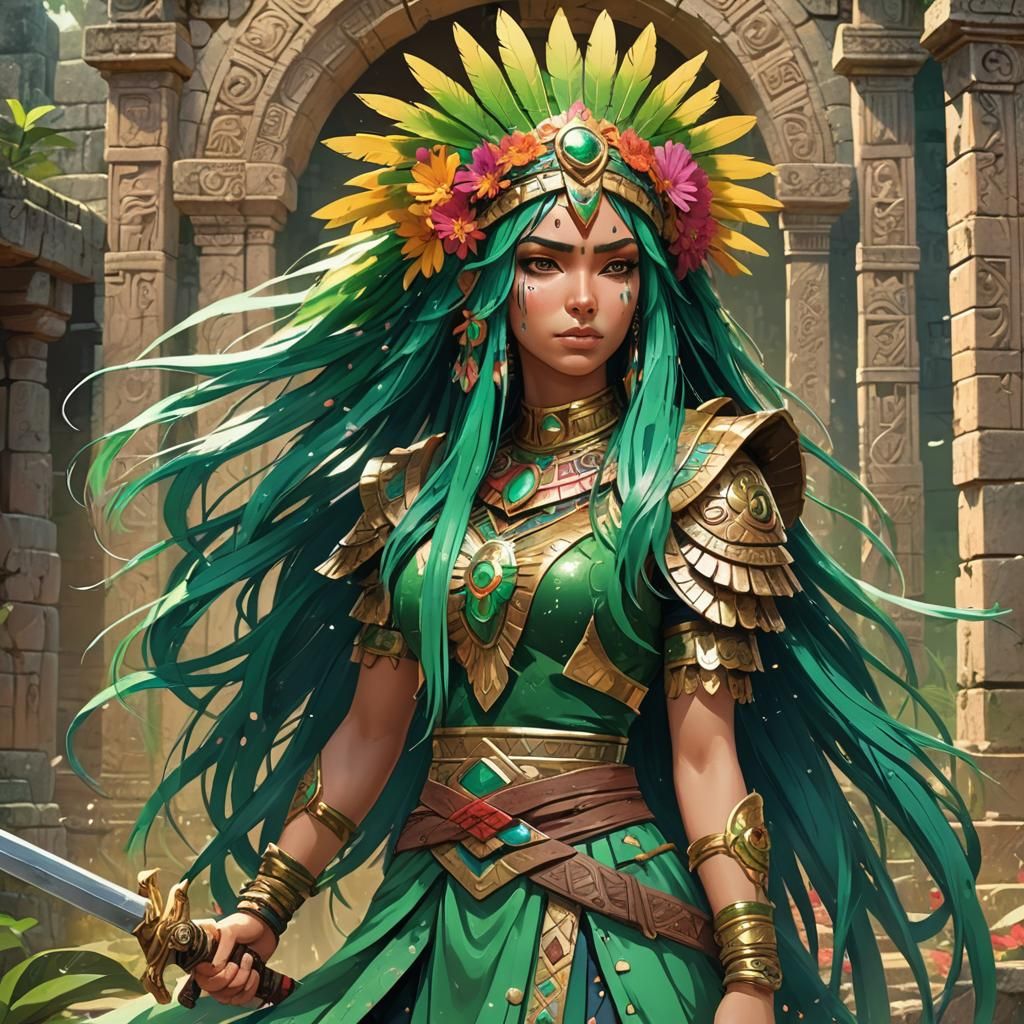 Anime Woman in Mesoamerican Ruins, Cel-Shaded Style