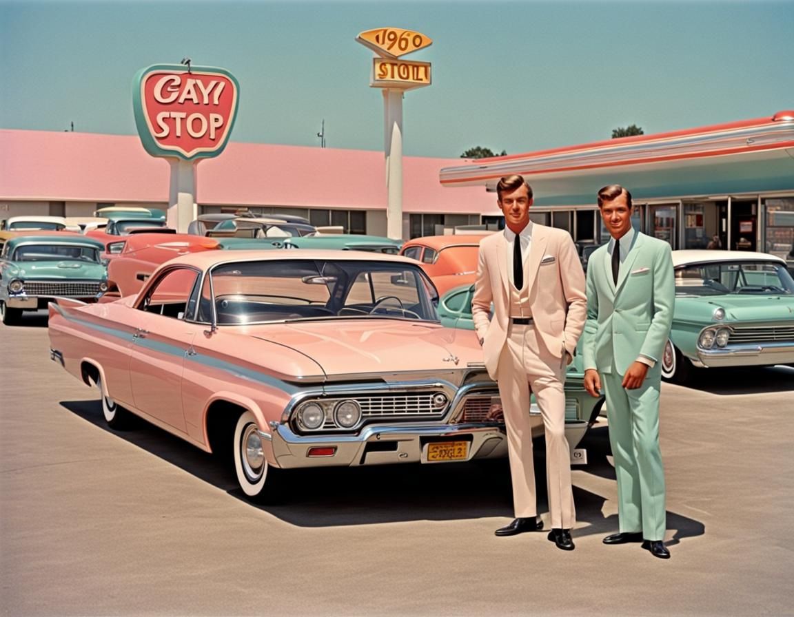 1960s Pastel Truck Stop Scene with Classic Cars