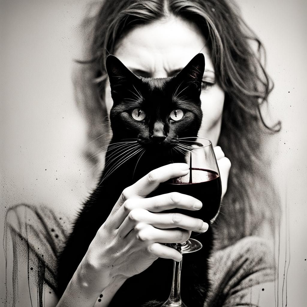 Woman and Cat Wine Portrait in Ink Splatter Style