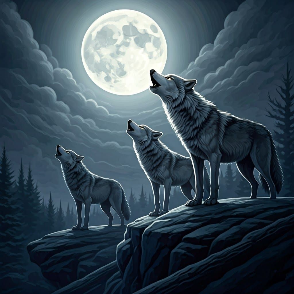 Wolves Howling Under Moonlight: A Mystical Landscape