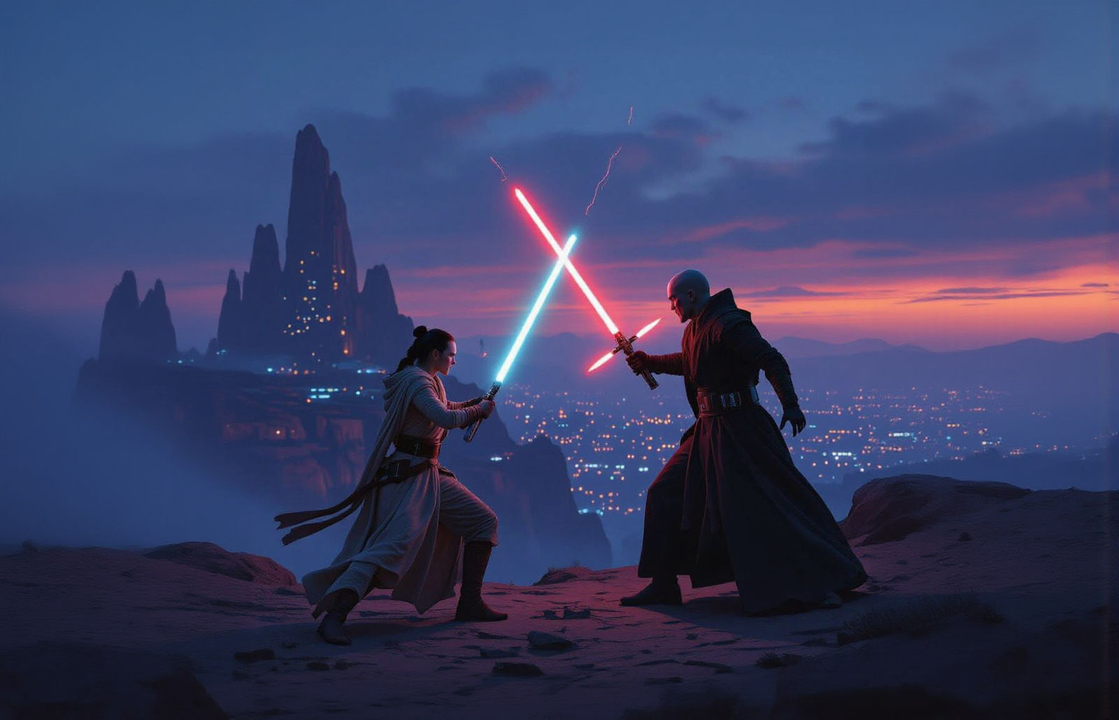 Rey vs. Snoke: Cliffside Duel at Sunset