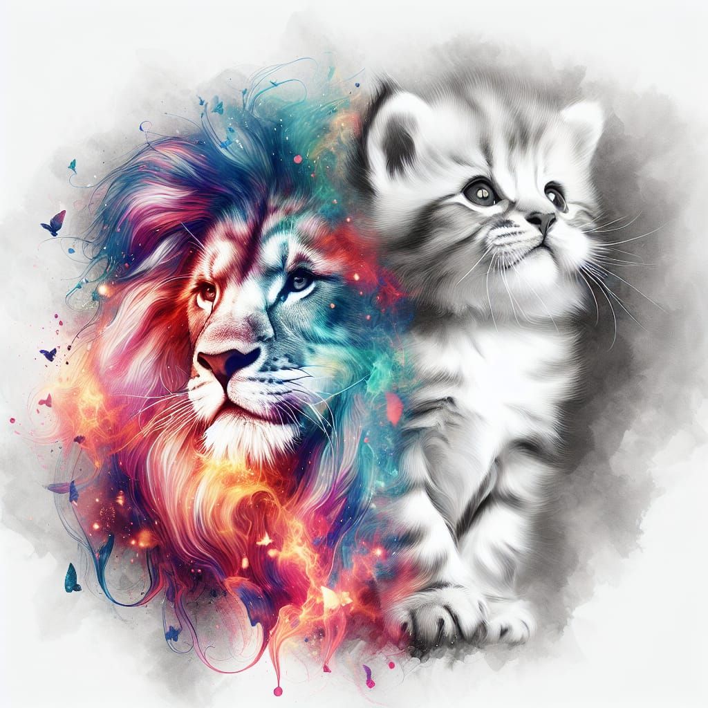 Kitten with Lion Heart in Iridescent Airbrush Art