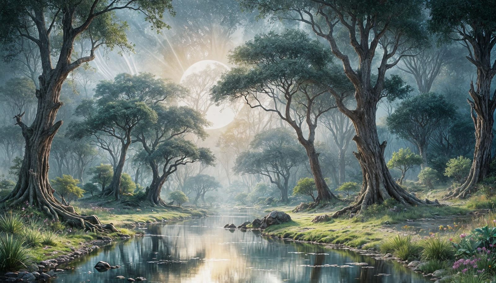 Whimsical Desert Oasis Under Full Moon