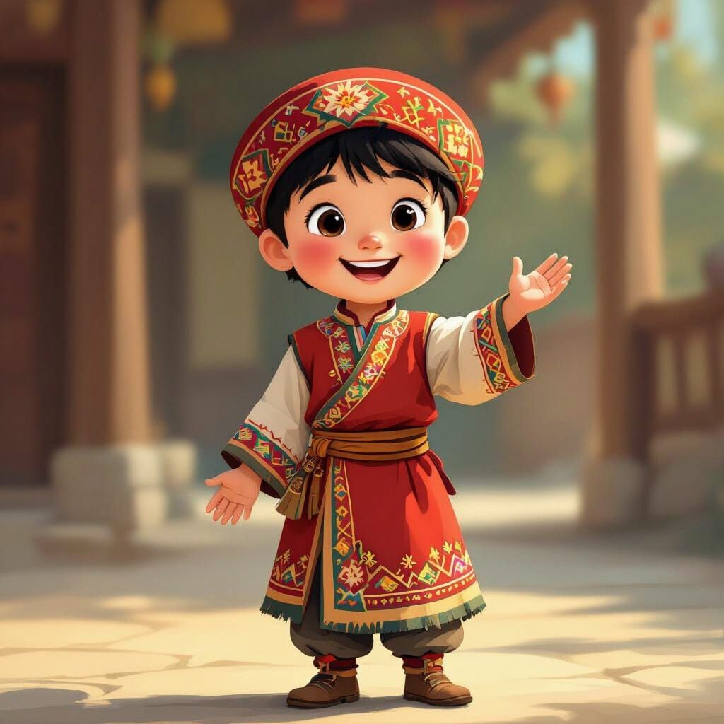 Kyrgyz Boy Smiling in Traditional Clothes, Cartoon Style