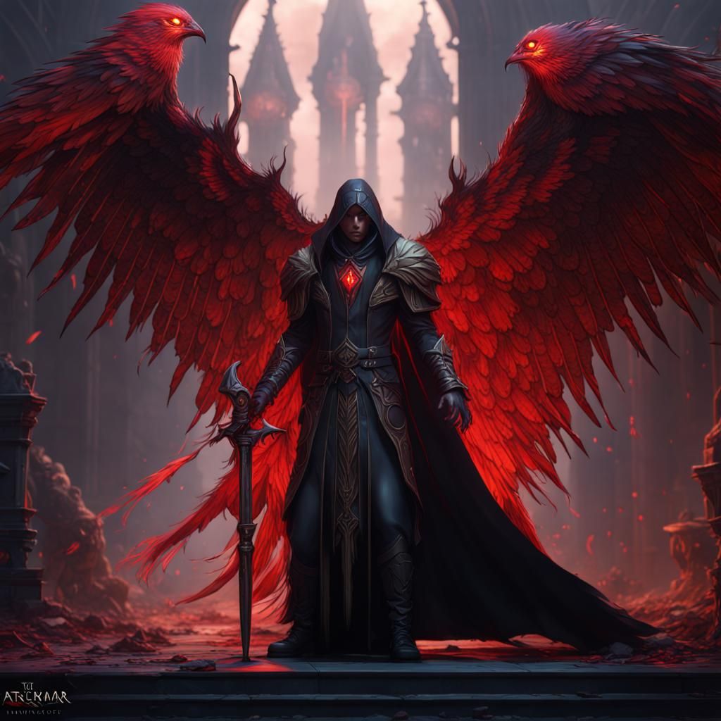 Fallen Aasimar Warlock in Red and Black