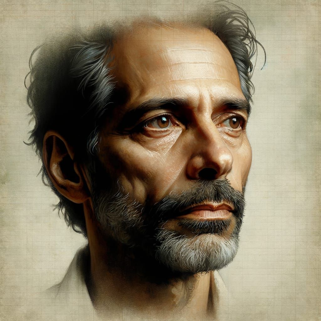 Contemplative Portrait of South Asian Man in Mixed Media