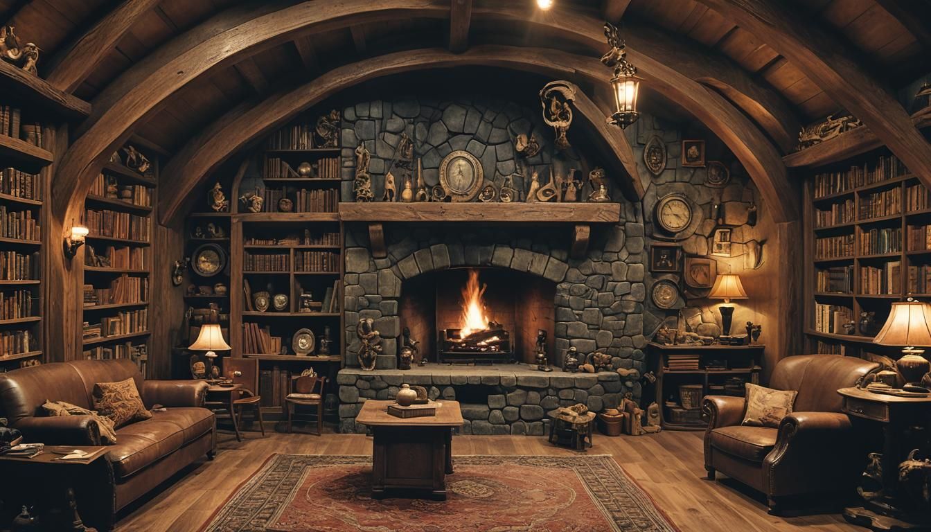 Cozy Dark Academic Hobbit Hole with Fireplace and Library