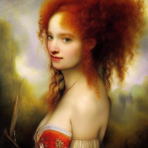 A Celtic woman, fill size portrait, red curly hair, green ey...