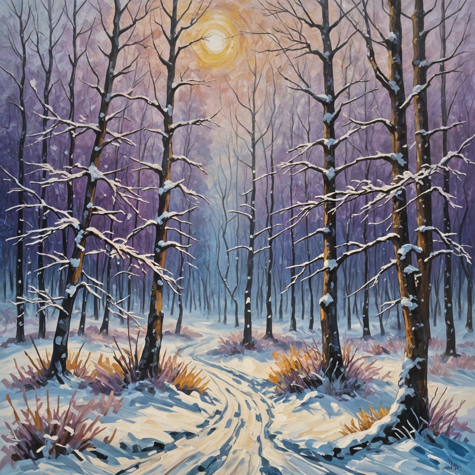 Purple Winter Forest in Expressionist Oil Painting Style