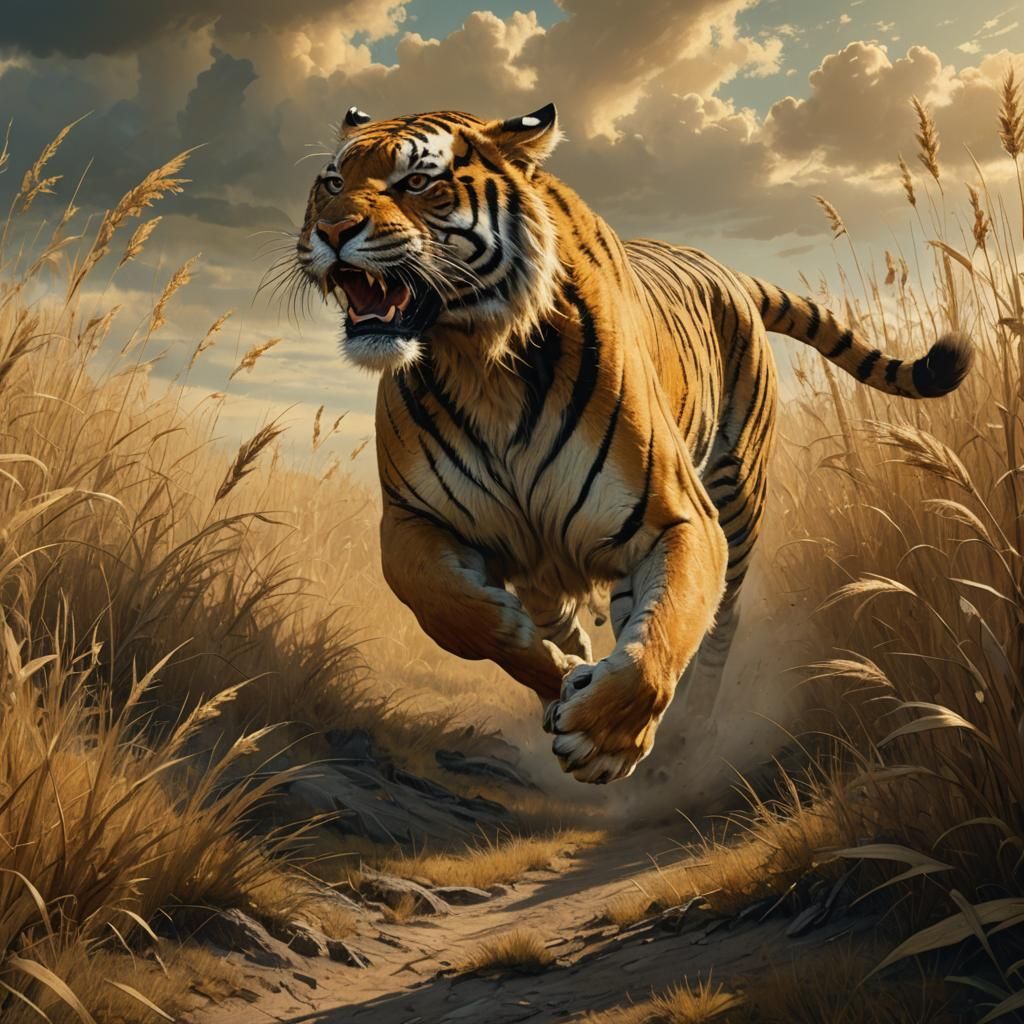 Golden Tiger Running in Savanna: Beksiński and Frazetta Styl...