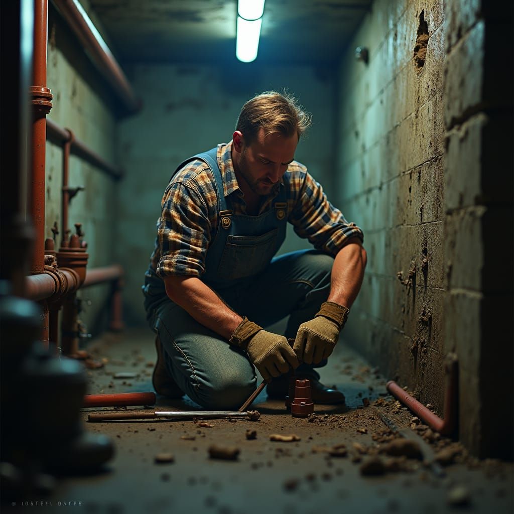 Plumber Repairing Pipe in Dimly Lit Basement