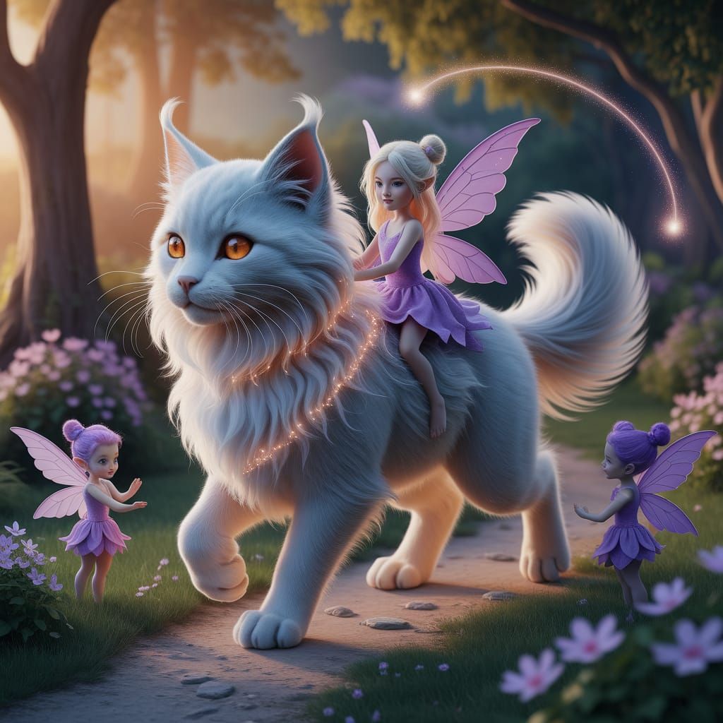 Hyper-realistic fantasy art masterpiece. An ethereal, petite feline being with (long, fluffy fur in shades of light beig...