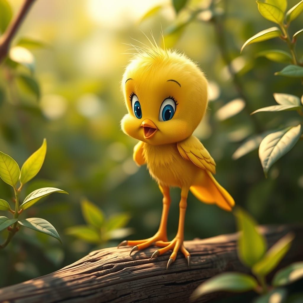 Hyperrealistic Tweety Bird in Lush Foliage