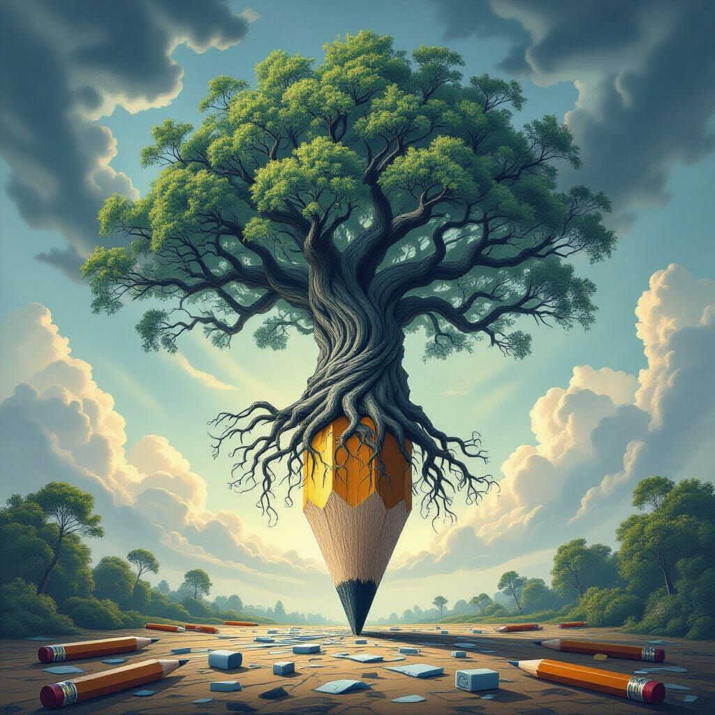 Giant Pencil Tree with Ink Leaves Fantasy Art