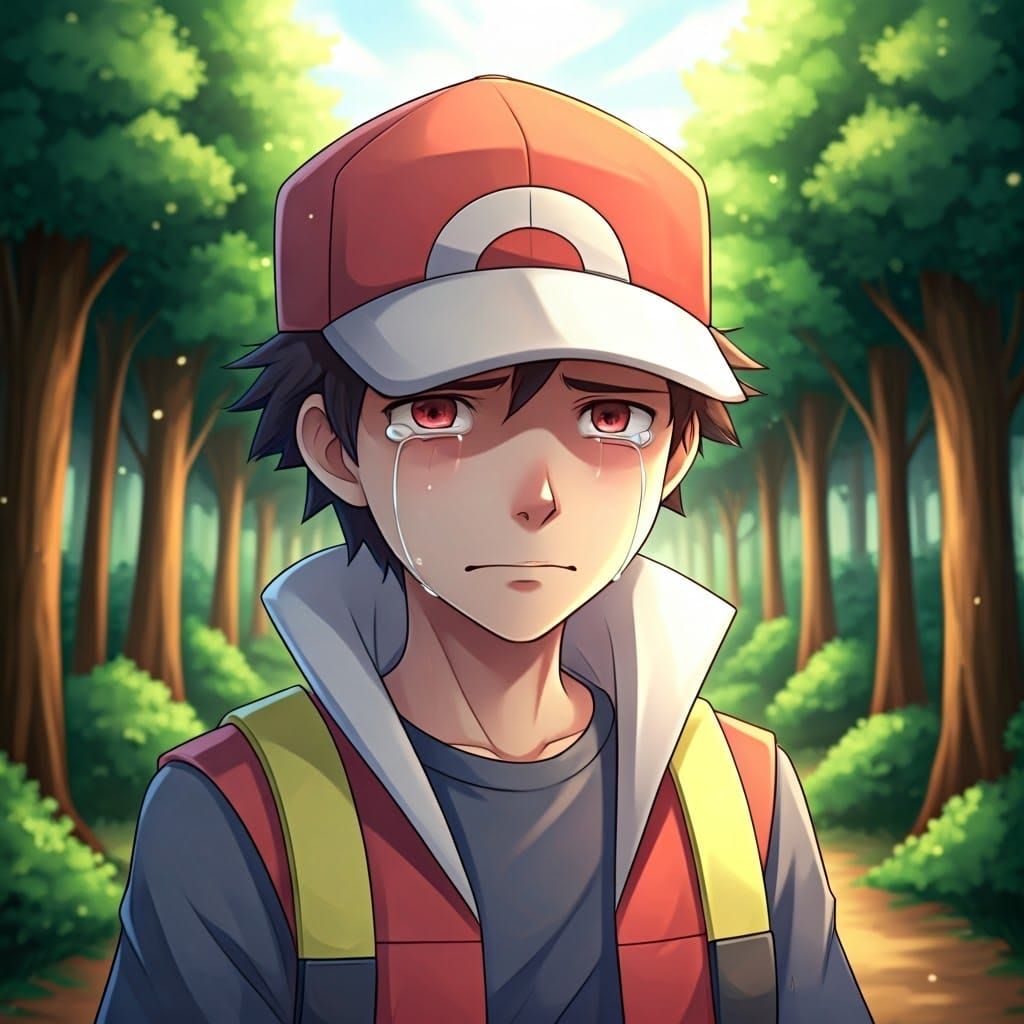 Pokémon Trainer Red Cries in Forest, Expressive Art