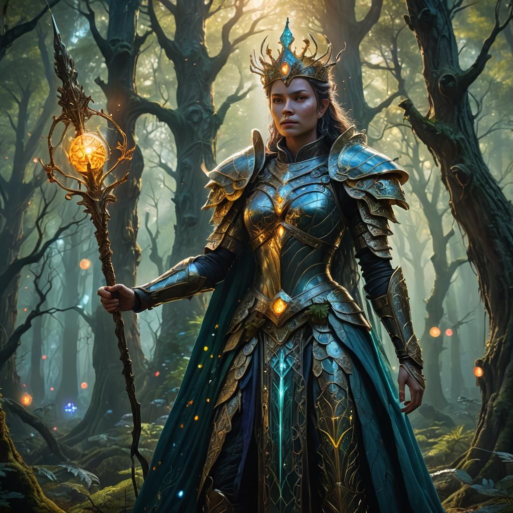 Mystical Queen in Enchanted Forest, Fantasy Digital Art