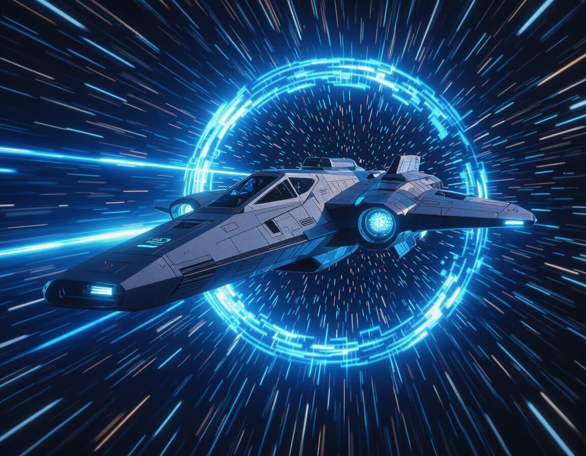 Futuristic Spaceship at Warp Speed in Deep Space