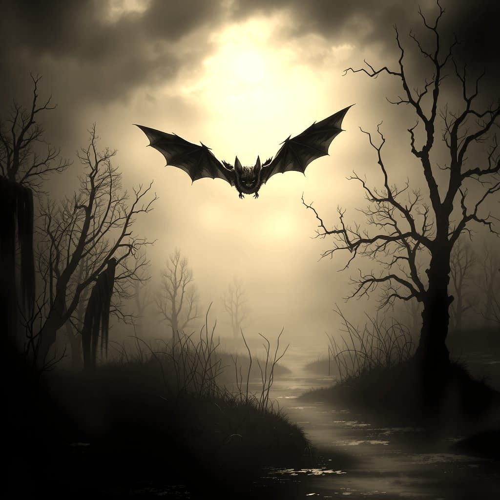 Bat Over Misty Swamp in Moonlight: Gothic Art