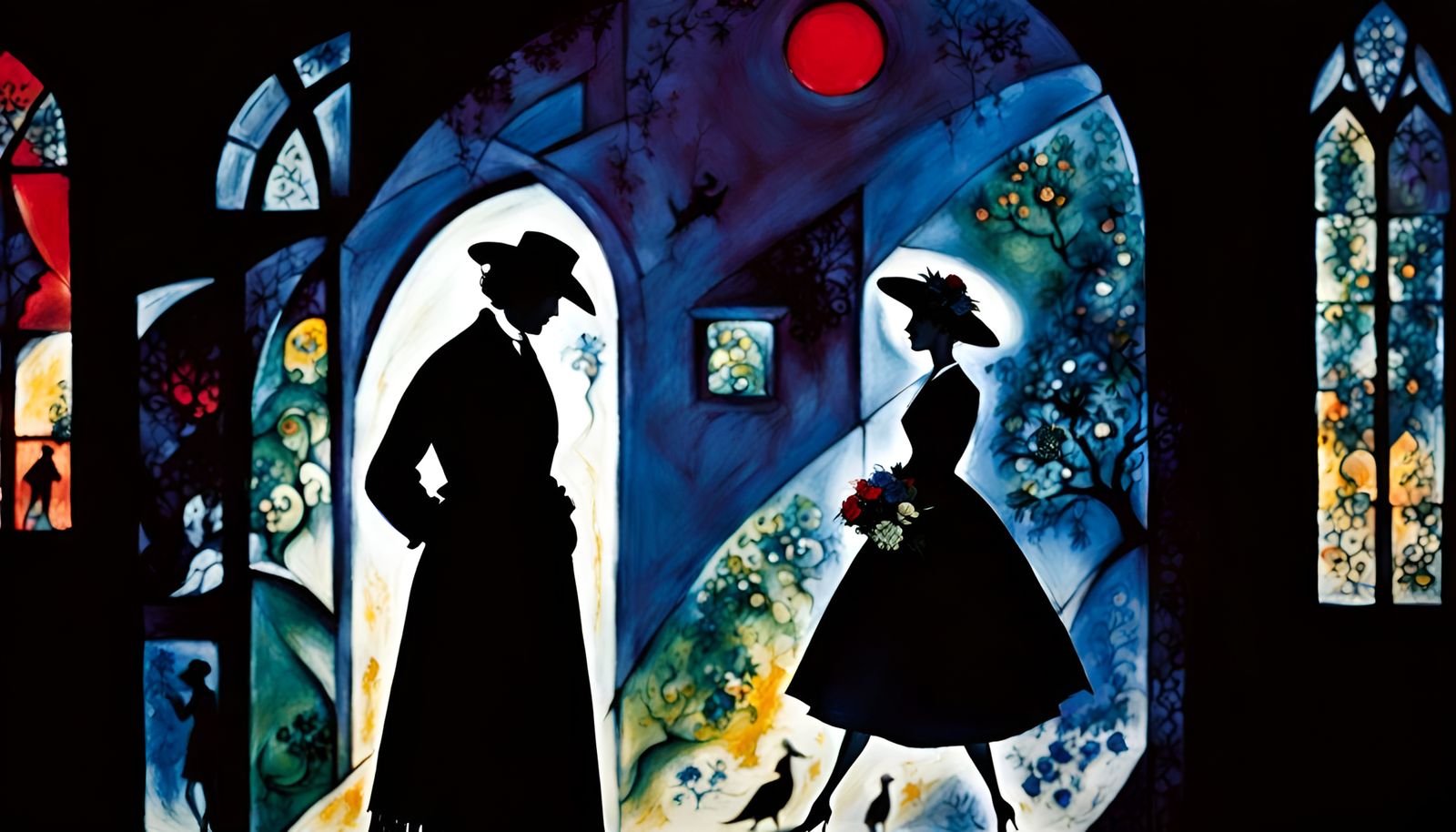 Film Noir Silhouettes in Midnight Garden, Chagall Style