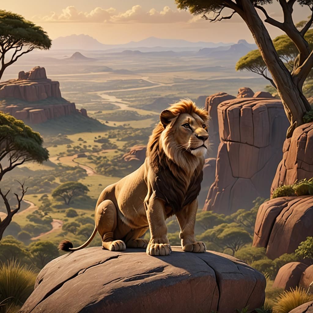 Simba Gazes Over the Savannah in Disney Style