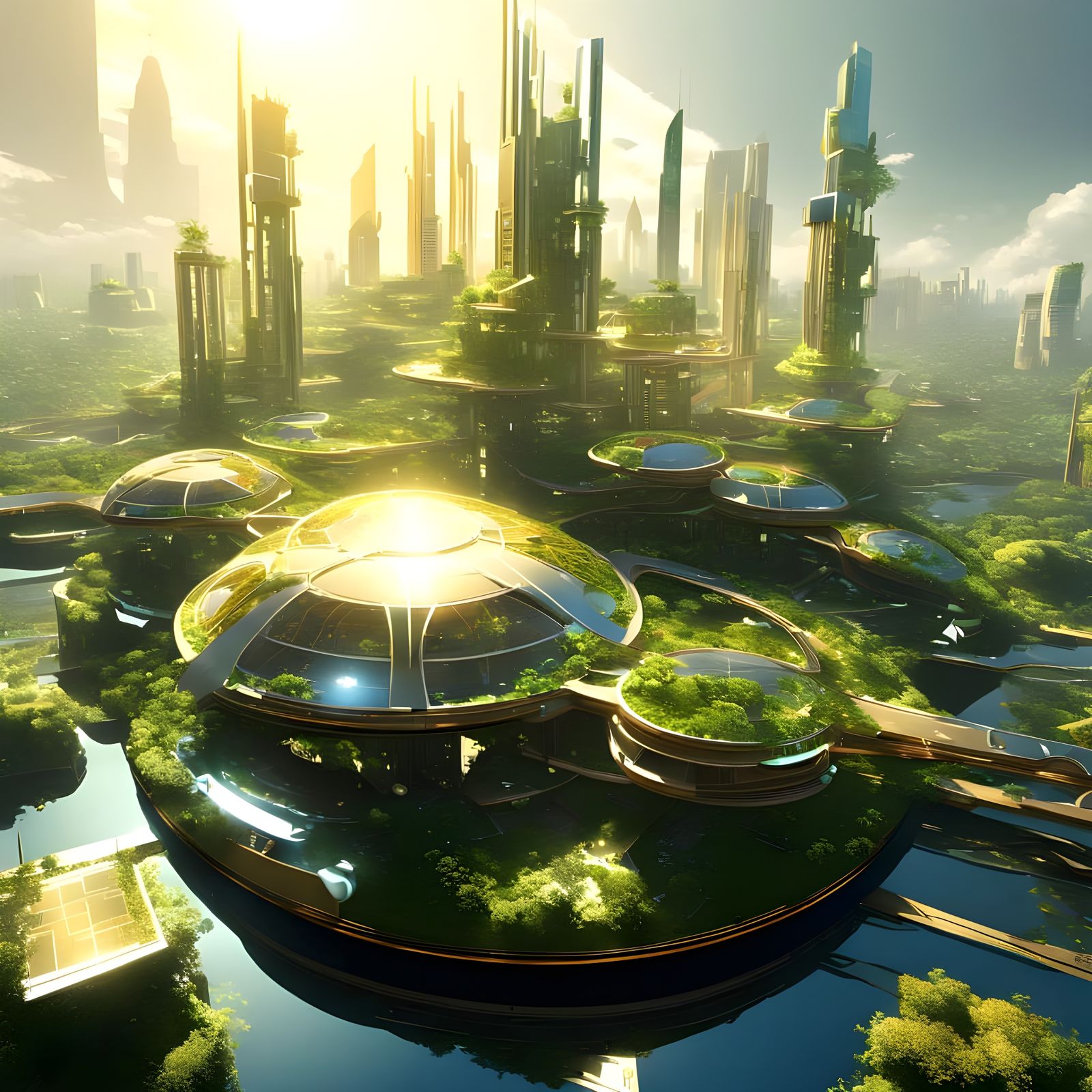 Solarpunk Metropolis on a Glowing Plate