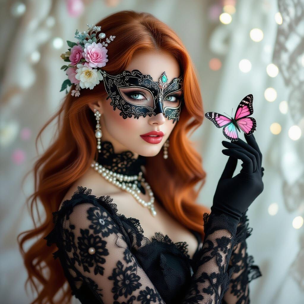 elegant woman with long, flowing red hair. She wears an intr...