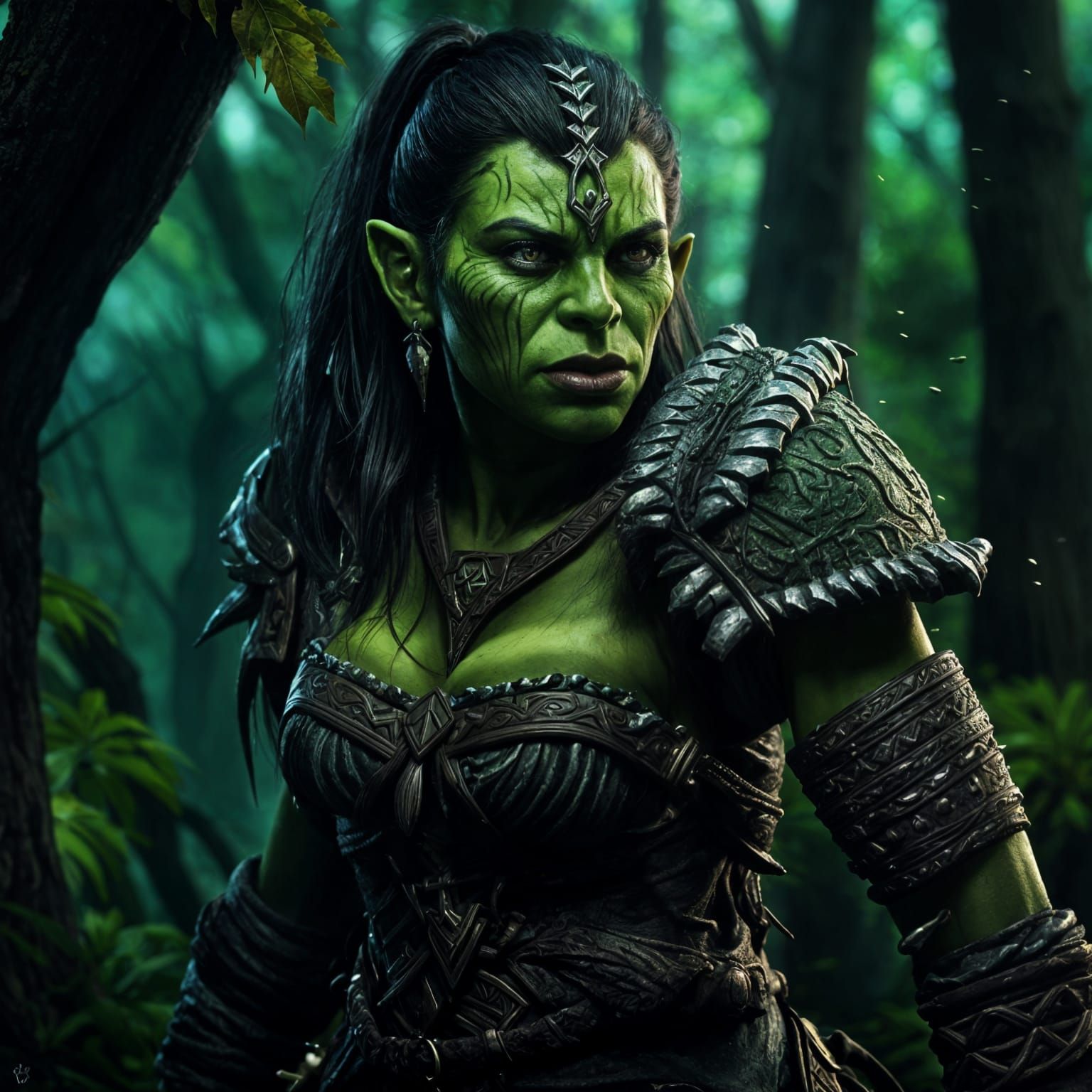 A dark fantasy fierce female green orc raider