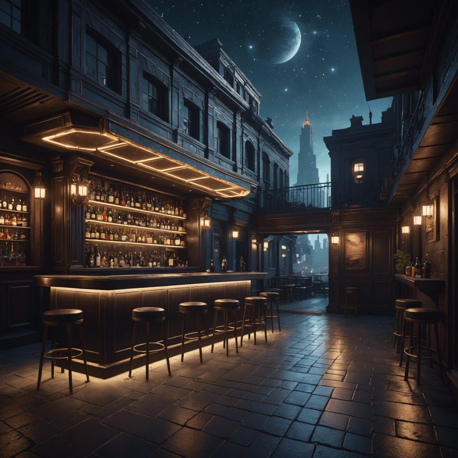 Lonely Bar Scene in Isolated City, 3D Render