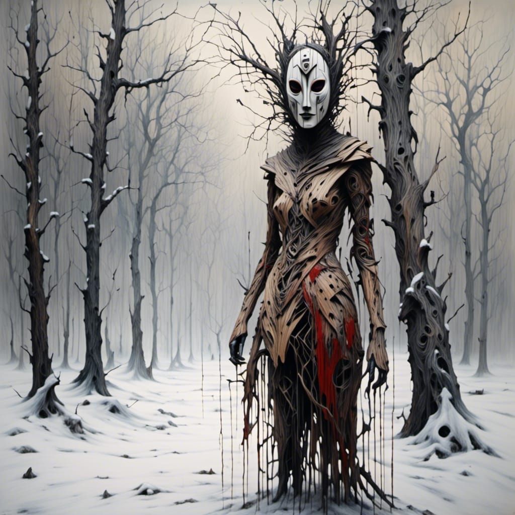 Fearful Woman in Snowy Landscape with Wooden Mask
