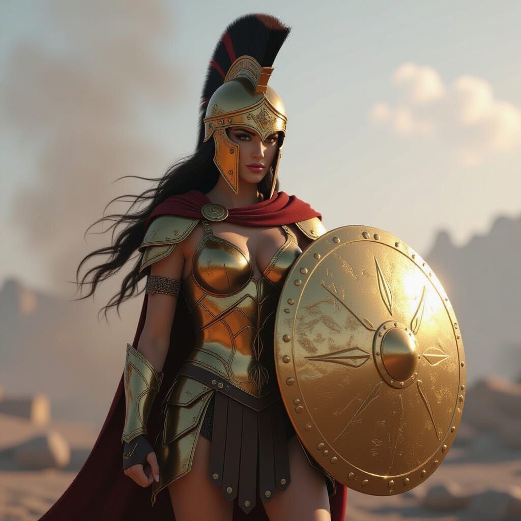 Warrior Woman in Golden Armor With Shield