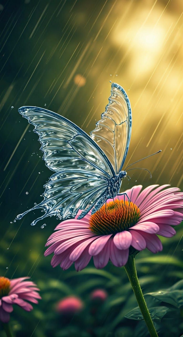 Water Butterfly on Pink Flower in 3D Style