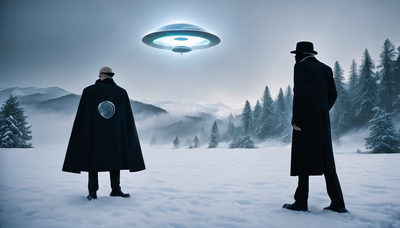 Mysterious Men in Black Confronts UFO in Swiss Meadow