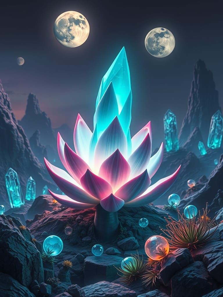 Bioluminescent Alien Plant in Ethereal Twin Moon Landscape