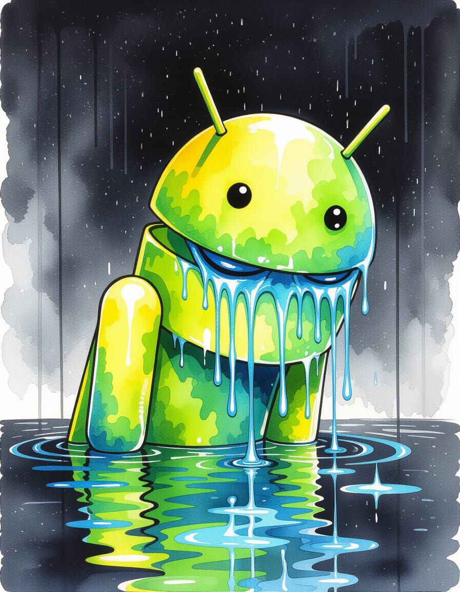 Weeping Android in a Rainy Cityscape