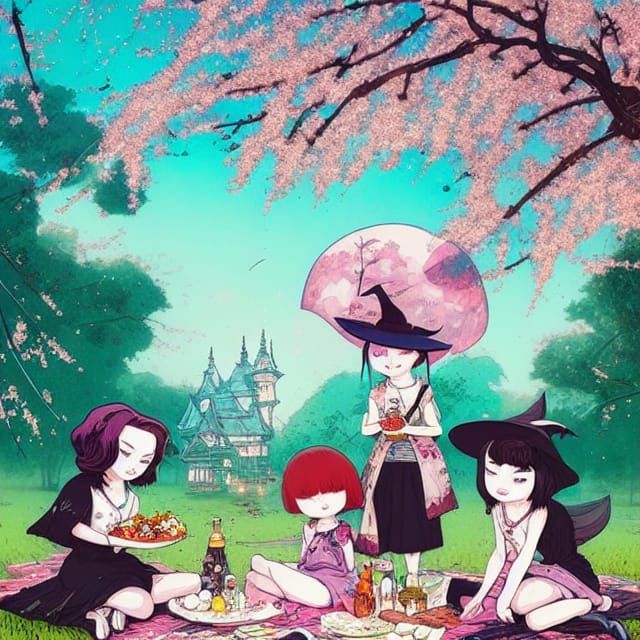 Chibi witches' cherry blossom picnic