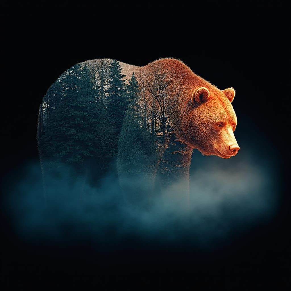 Majestic Bear Emerges from Forest Shadows in Dreamlike Doubl...
