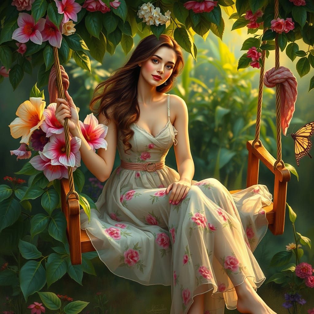 A Whimsical Woman Sits on a Flower-Adorned Swing in a Dreamy...