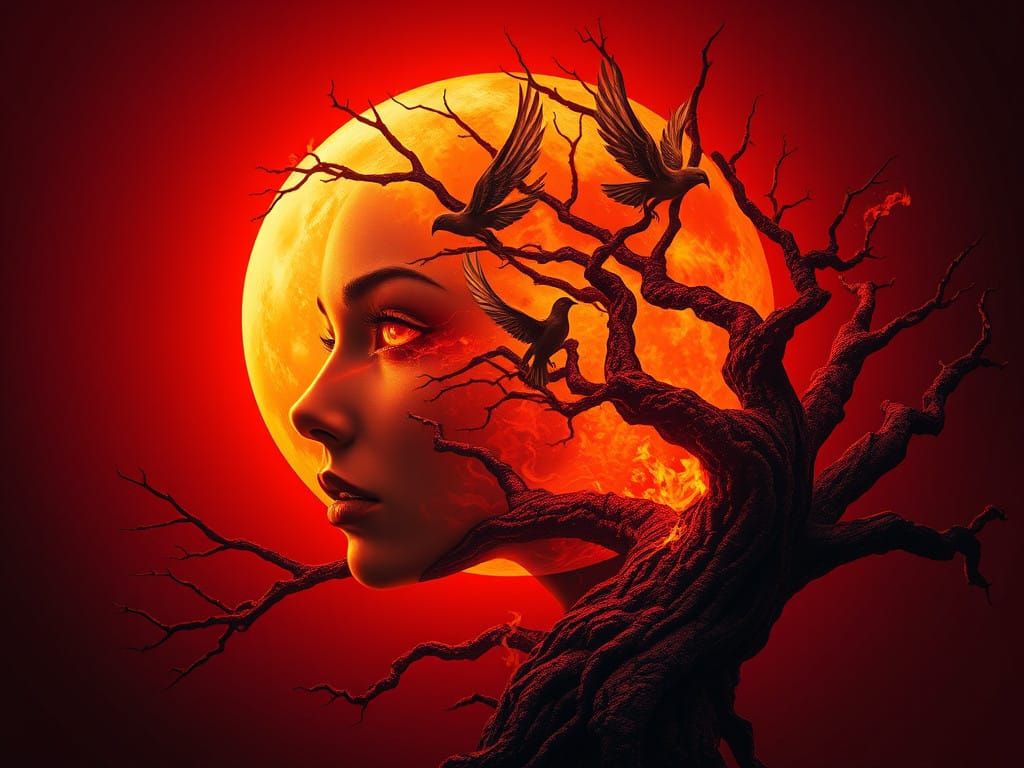 Cyberpunk Goddess Ascends in Fiery Glory