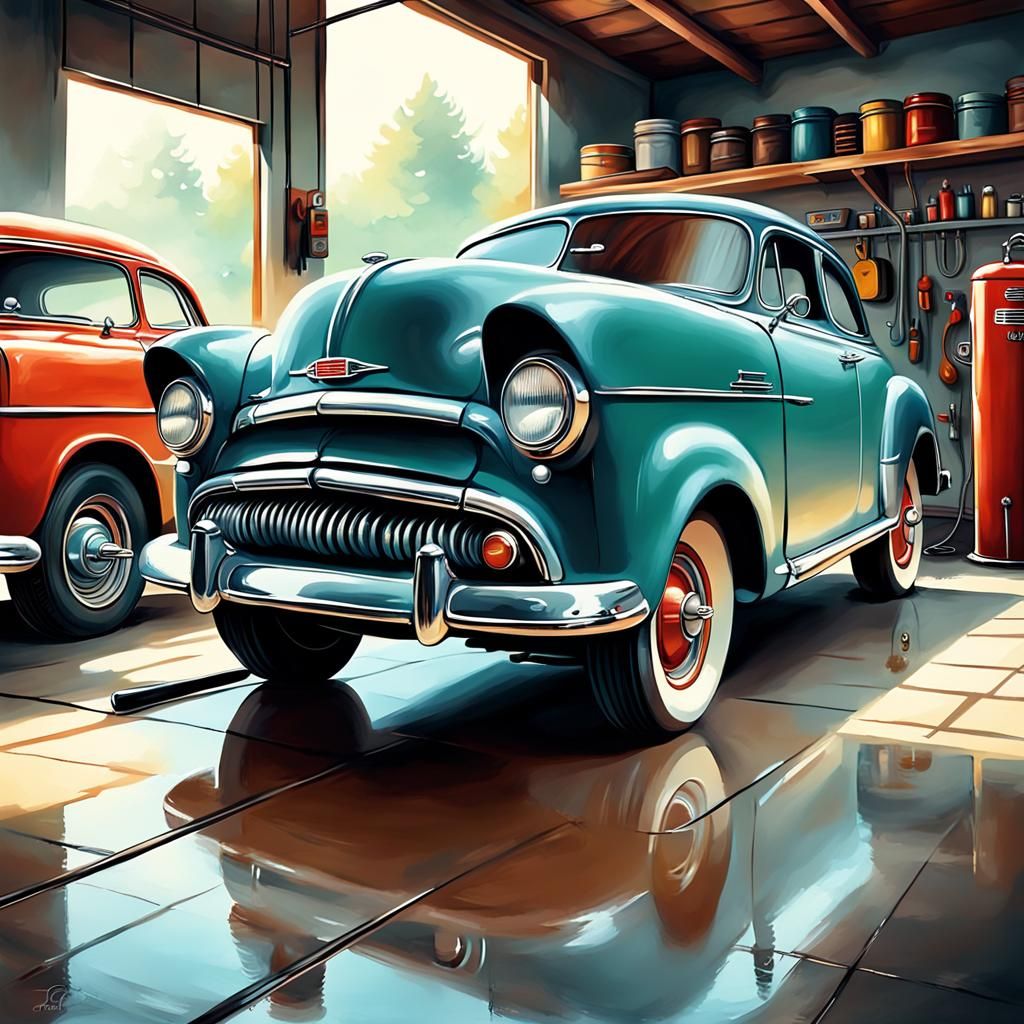 Retro Garage Interior in Vintage Airbrush Style