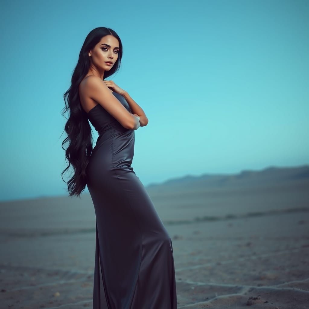 Brunette Woman in Barren Landscape: Futuristic Neon Style