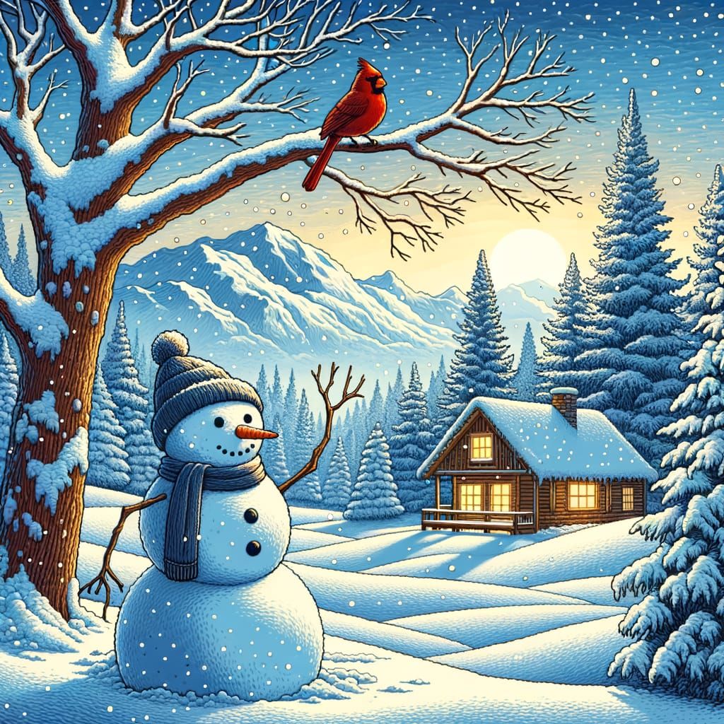Simple Winter Wonderland Scene with Snowman and Cabin