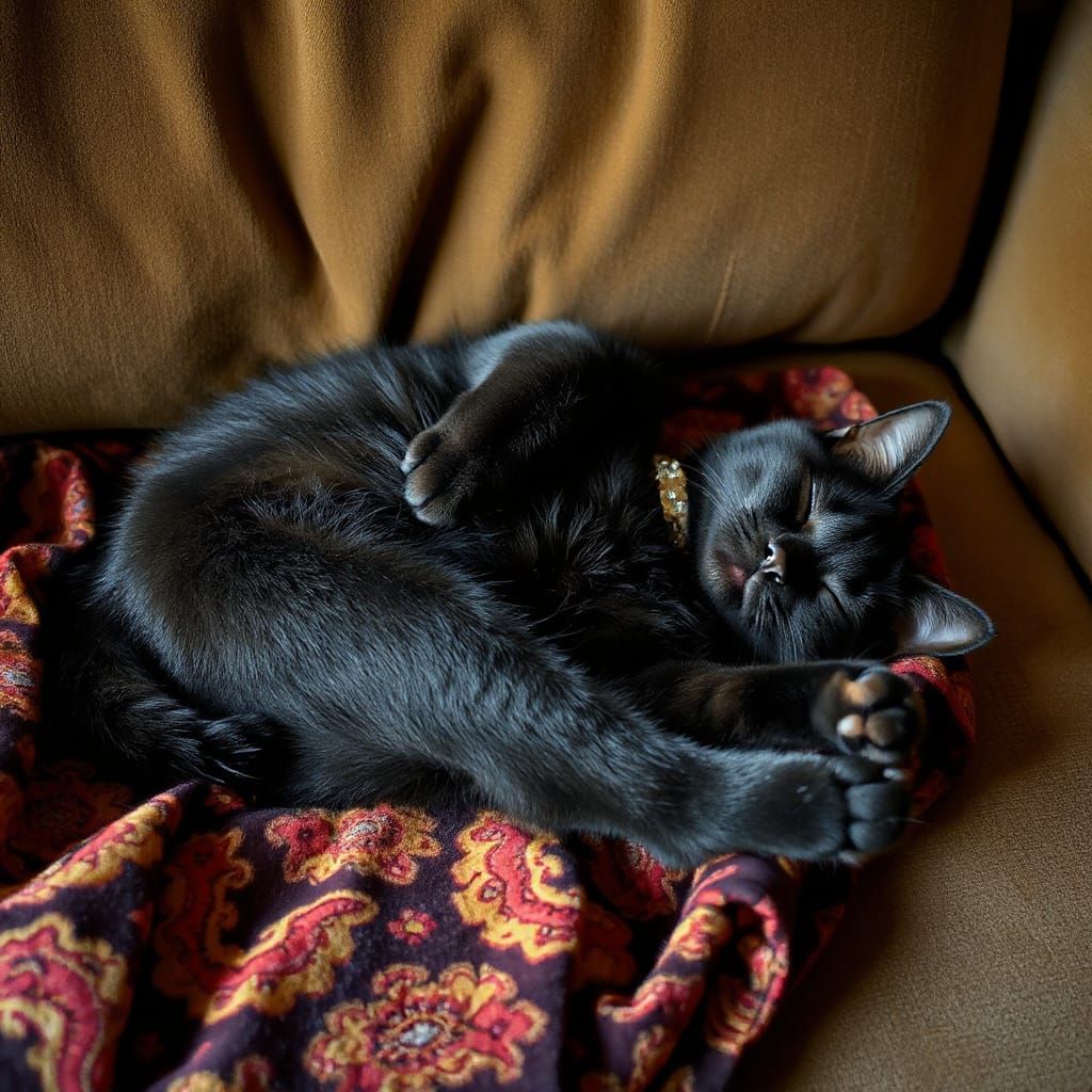 Black Cat Napping on Velvet Couch