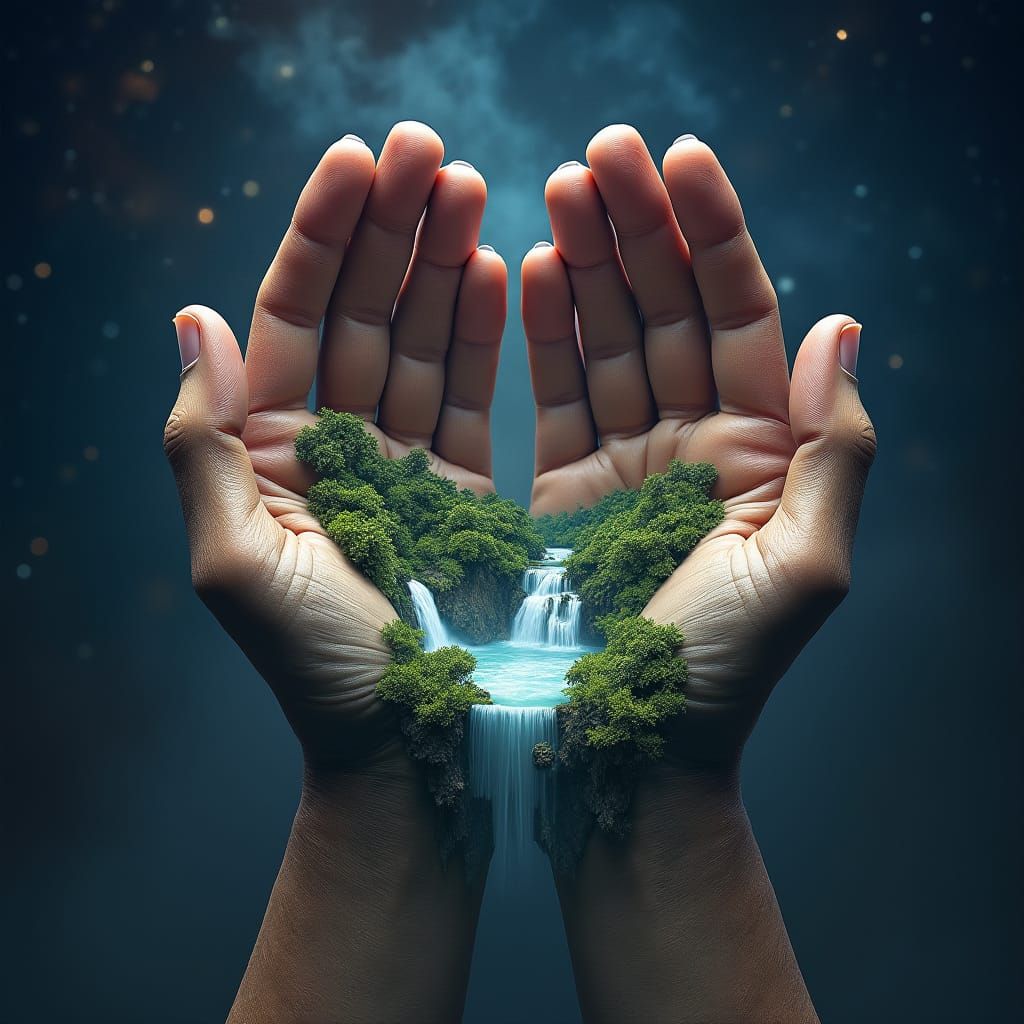 Enchanted Forest Held in Giant Hands: 3D Render