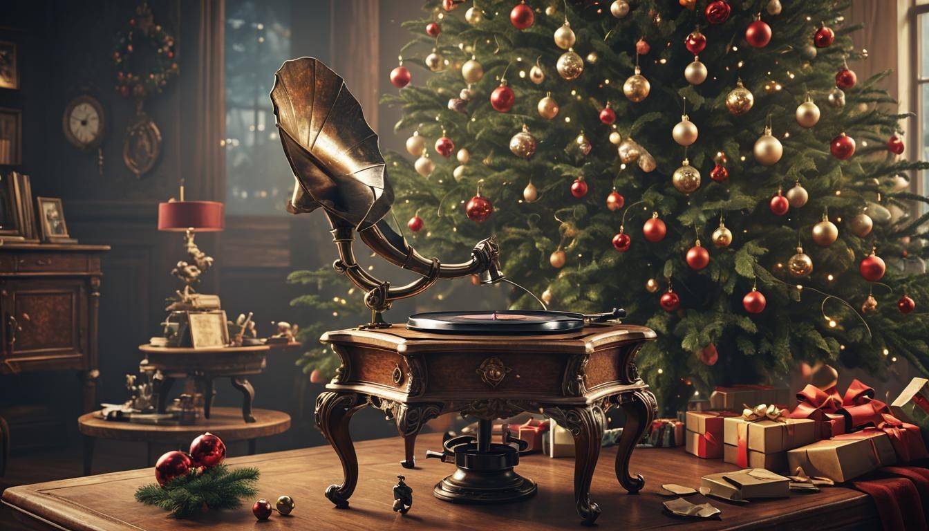 Surreal Gramophone Beside Christmas Tree, Matte Painting